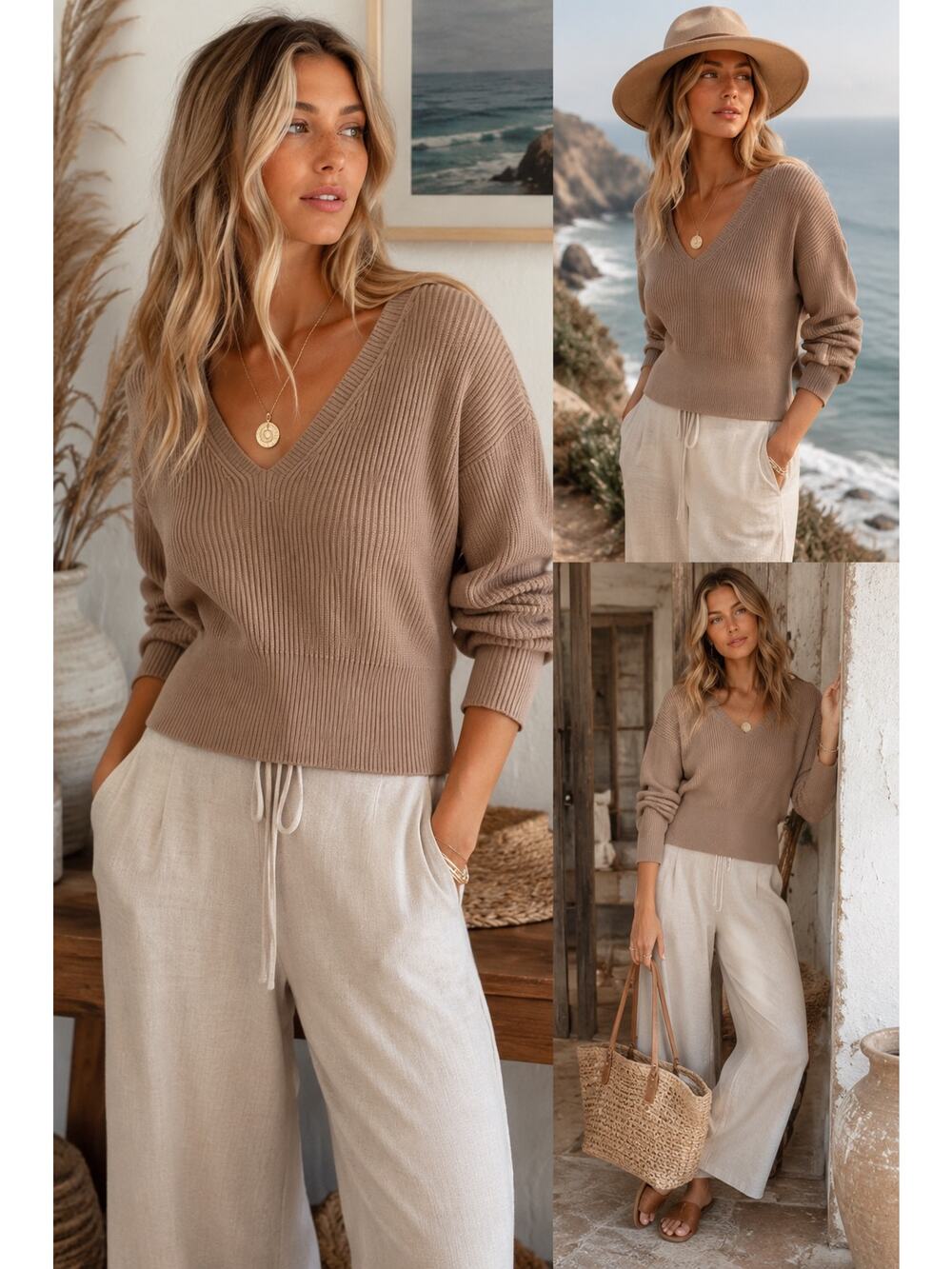 Free People Ribbed V-Neck Sweater Taupe Beige Minimalist Boho Luxe Coastal Chic